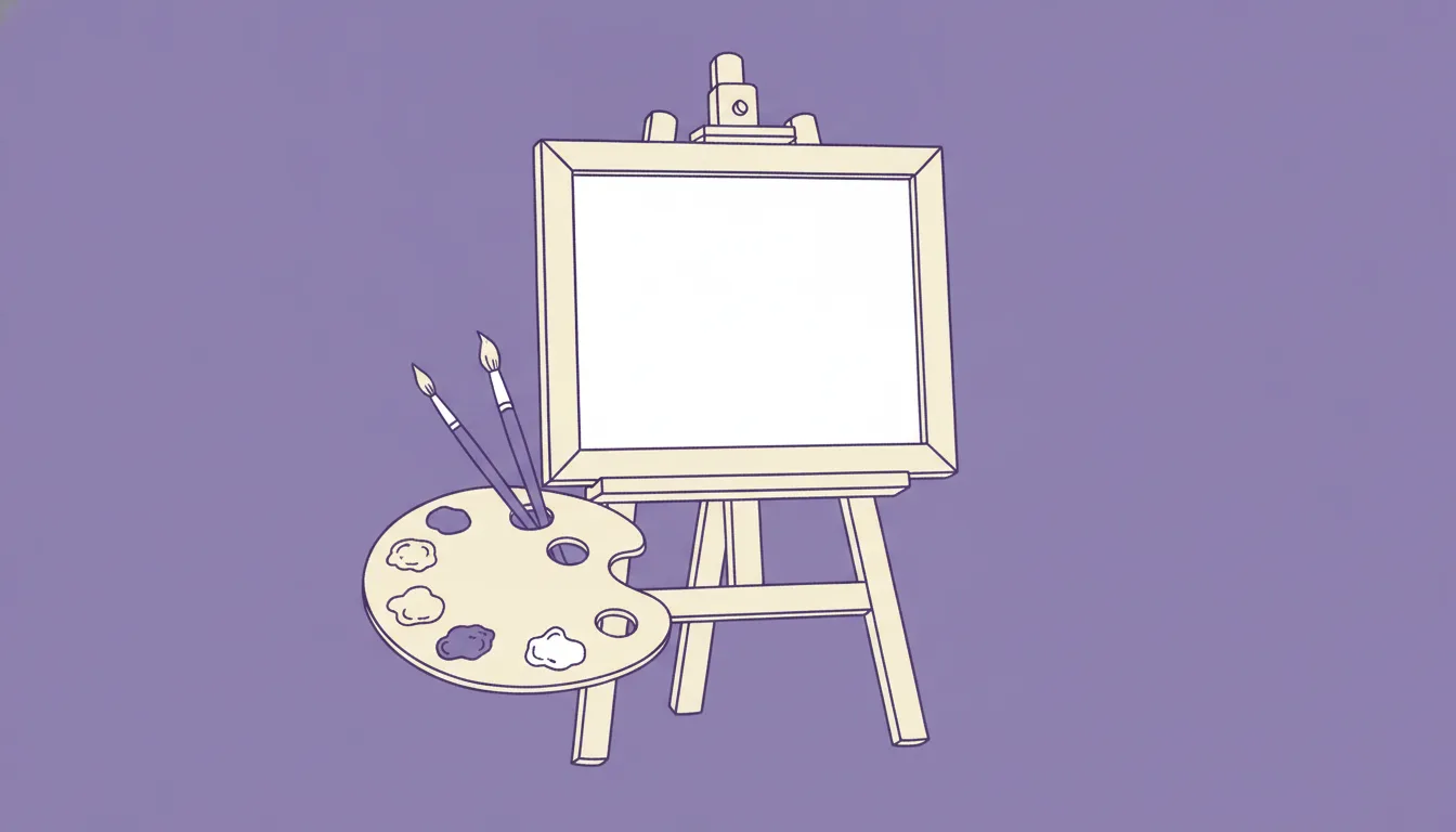 Ilustração: uma paleta de pintor com tintas e três pincéis apoiados, ao lado de uma moldura vazia sobre um cavalete