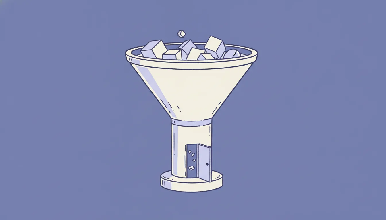 Ilustração: um grande funil apoiado sobre uma base, com formas geométricas entrando pela abertura larga e saindo por uma p