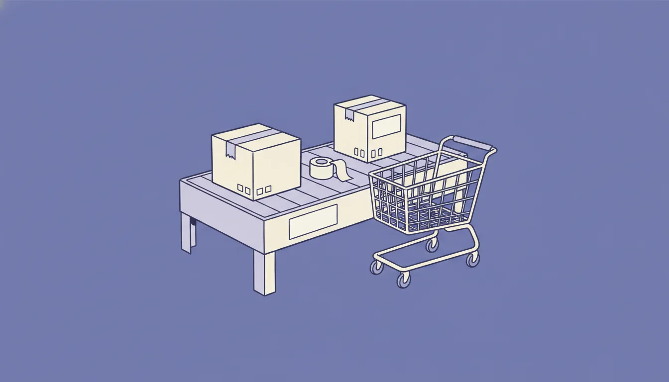 Ilustração: uma esteira de empacotamento com caixas fechadas, fita adesiva, etiquetas em branco e um carrinho de compras a