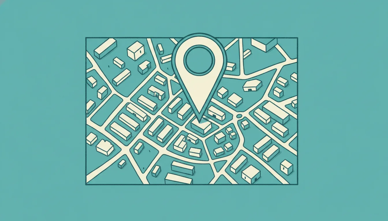 Ilustração: um mapa de cidade visto de cima com ruas e quarteirões, e um marcador de localização grande fincado em um pont