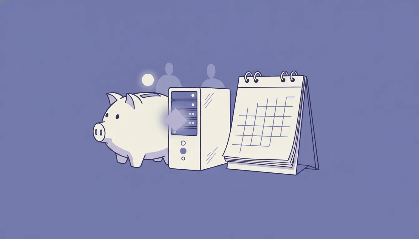 Ilustração: um cofre de porquinho ao lado de um pequeno servidor de computador e um calendário de doze folhas